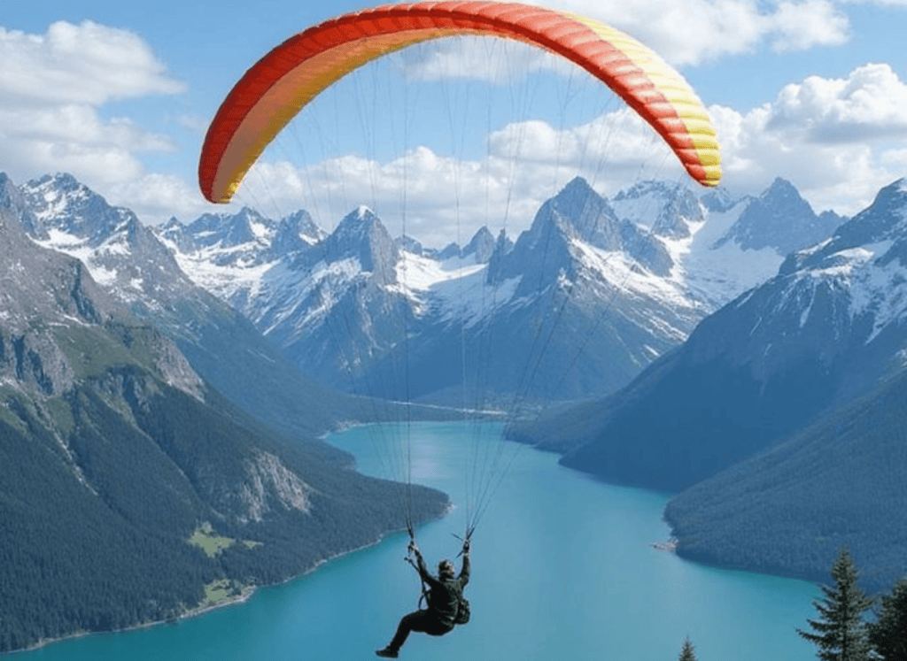Paraglider flying above a turquoise alpine lake surrounded by dramatic snow-capped mountain peaks under a blue sky.