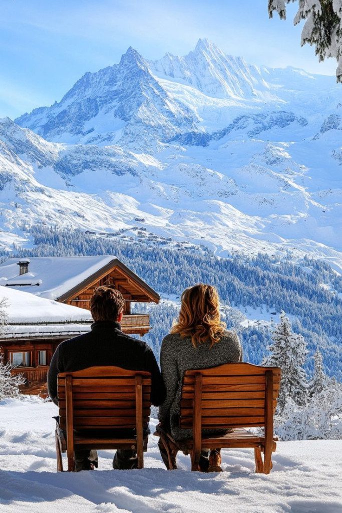 Couple relaxing outside a snowy alpine chalet in Switzerland with dramatic mountain views in the background.