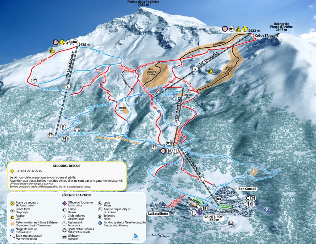 Sainte Foy Tarentaise piste map showing ski lifts, marked runs, freeride areas, village access and key mountain facilities.