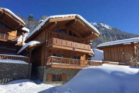 Exterior of Chalet Estournel in the snow with wooden alpine architecture, surrounding chalets and a clear blue sky.
