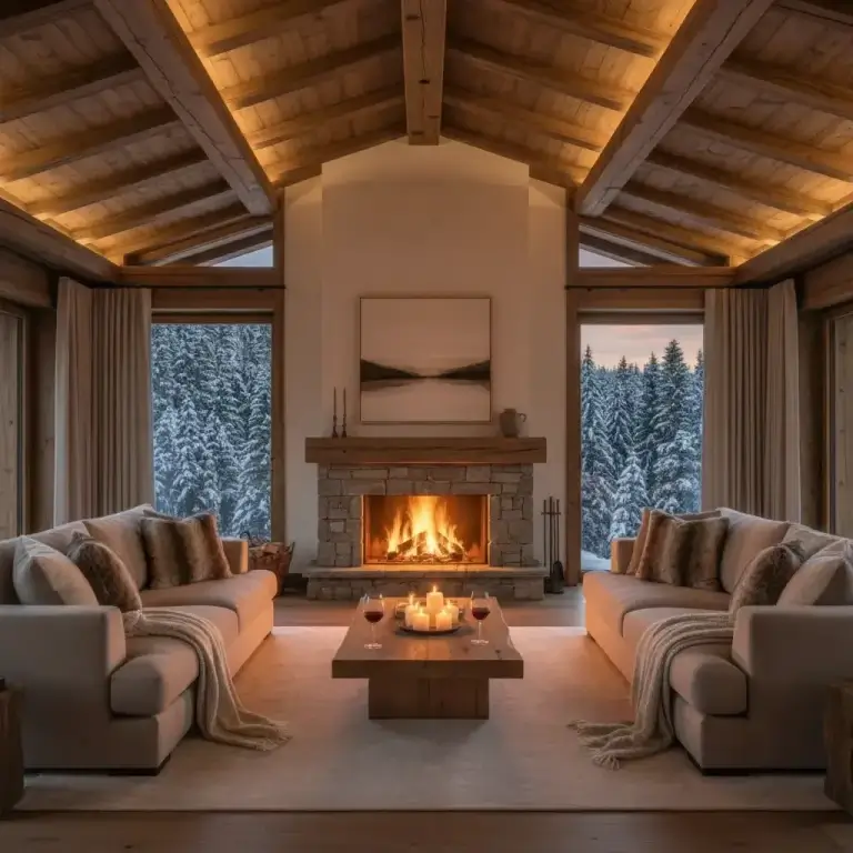 Homepage Cosy chalet living room with roaring stone fireplace, sofas, candles and snowy forest views.