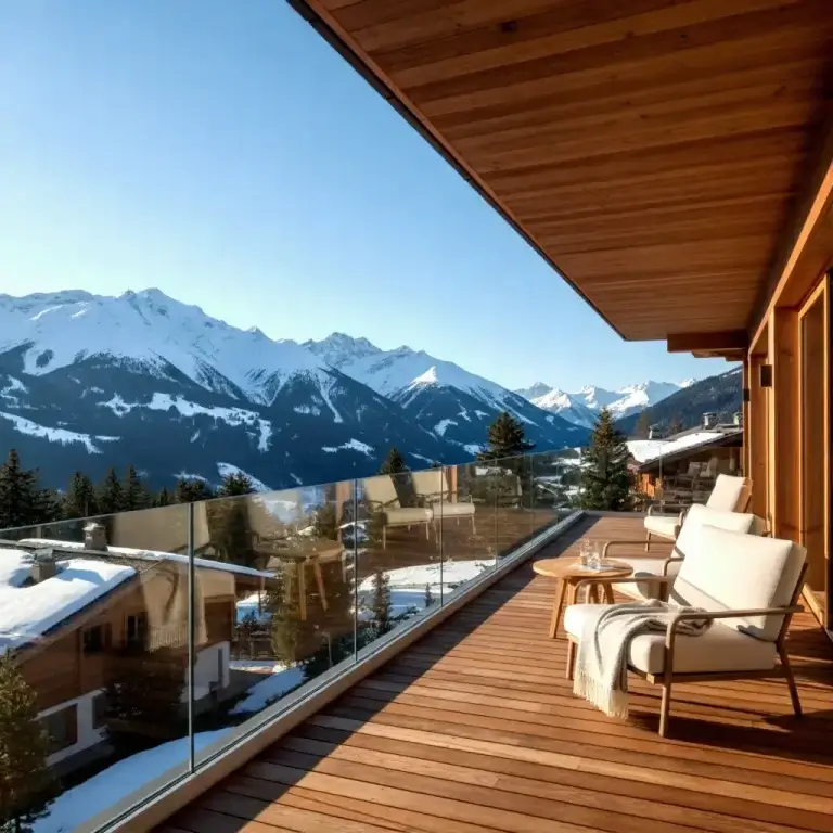 Homepage Scenic mountain views from a chalet balcony with outdoor seating, glass railings and snow-covered alpine peaks.