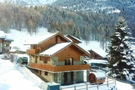 Full exterior view of Chalet Lagopede in the snow with a mountain forest backdrop